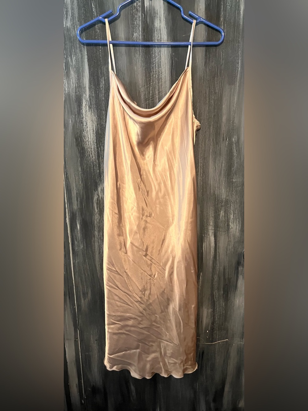 bebe Champagne Satin Cowl Neck Slip Dress